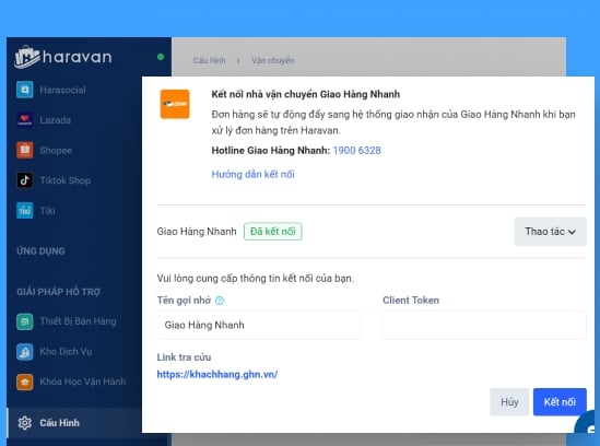 Shop kết nối tài khoản trên Website và gửi đơn giao hàng